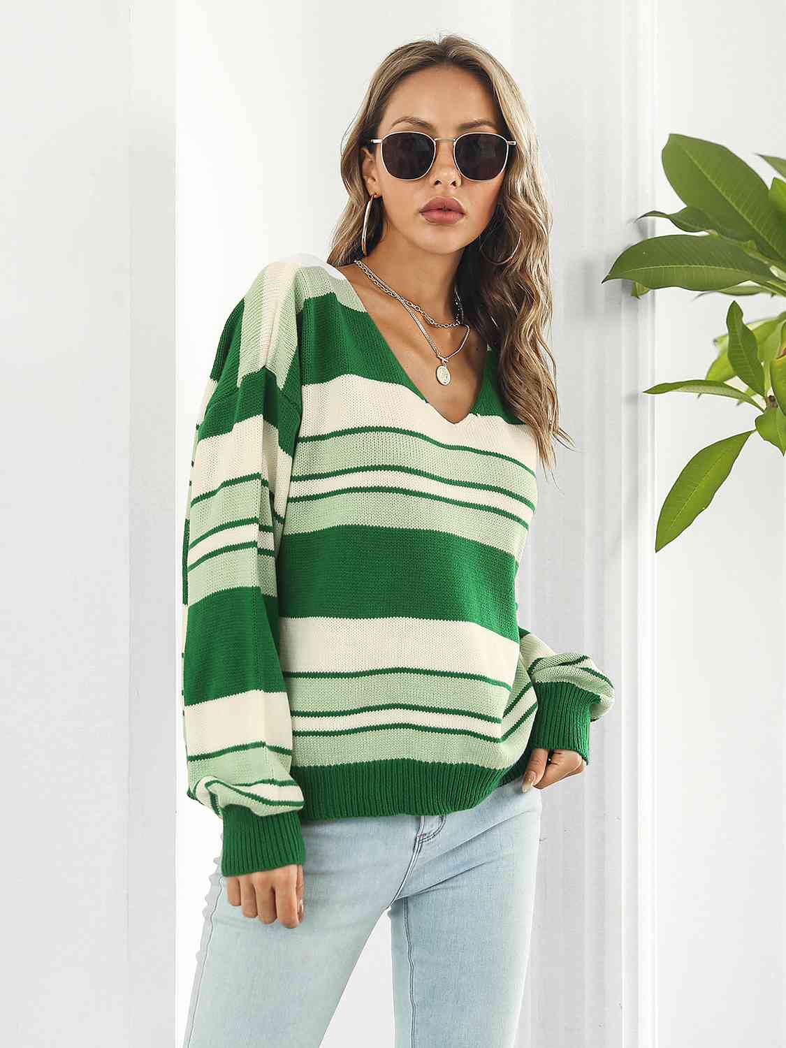 Striped V-Neck Long Sleeve Knit Top(3 Colors)  Krazy Heart Designs Boutique   