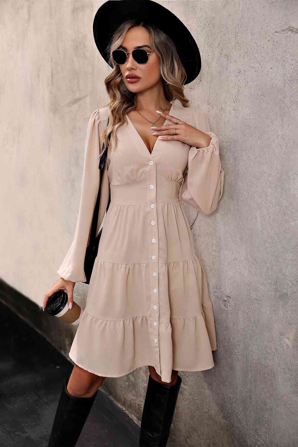 V Neck Button Up Tiered Dress  Krazy Heart Designs Boutique Sand S 