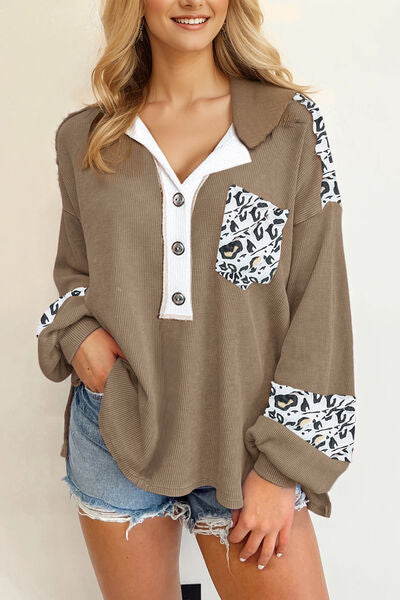 Waffle-Knit Leopard Print Half Button Top Shirts & Tops Krazy Heart Designs Boutique Camel S 