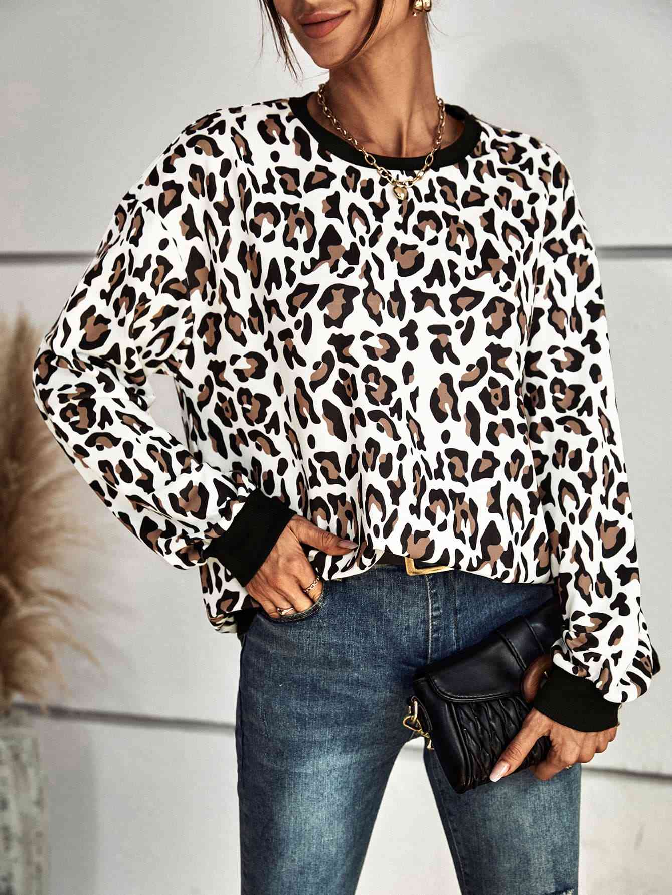 Leopard Print Round Neck Dropped Shoulder Sweatshirt (2 Colors) Shirts & Tops Krazy Heart Designs Boutique   