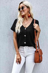 Buttoned V-Neck Short Sleeve Top (6 Colors) Shirts & Tops Krazy Heart Designs Boutique Black S 