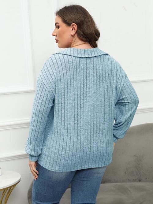 Plus Size Ribbed Collared Neck Long Sleeve Blouse (4 Colors) Shirts & Tops Krazy Heart Designs Boutique   