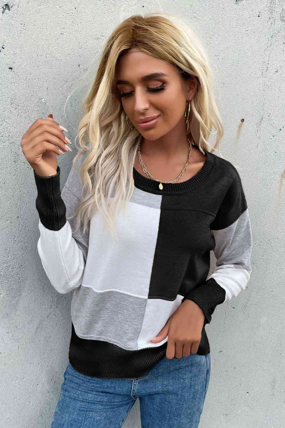 Color Block Ribbed Trim Round Neck Knit Pullover (7 Colors) Shirts & Tops Krazy Heart Designs Boutique Black M 