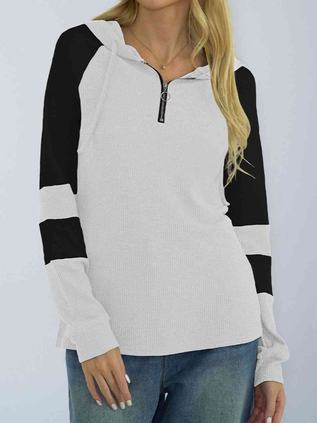 Waffle-Knit Raglan Sleeve Zipper Front Hoodie (3 Colors) Shirts & Tops Krazy Heart Designs Boutique White S 