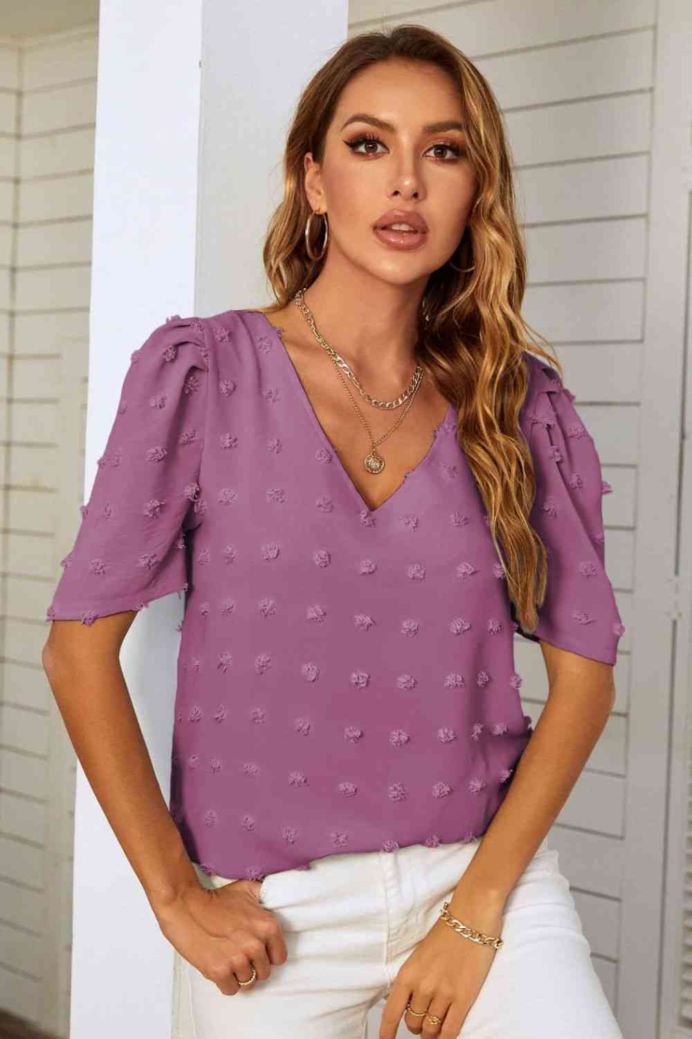 Swiss Dot V-Neck Puff Sleeve Blouse (6 Colors)  Krazy Heart Designs Boutique   