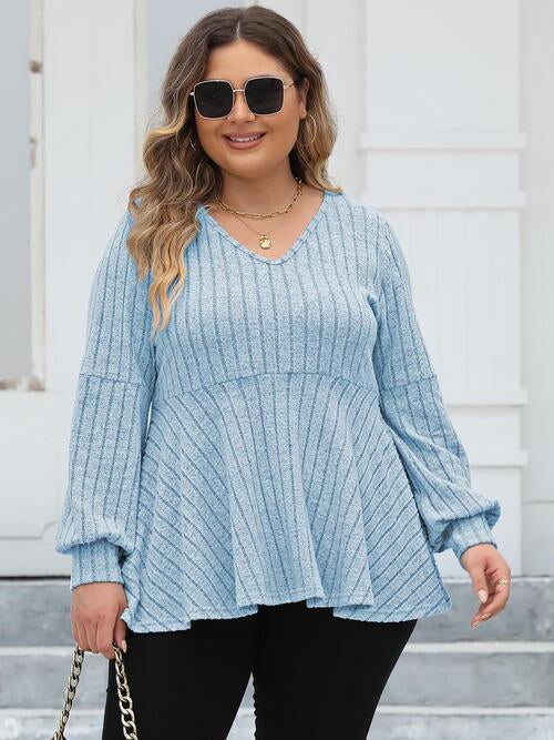 Plus Size Ribbed V-Neck Long Sleeve Blouse (4 Colors) Shirts & Tops Krazy Heart Designs Boutique Pastel  Blue L 