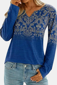 Printed Pattern Notched Long Sleeve Top (4 Colors) Shirts & Tops Krazy Heart Designs Boutique Peacock  Blue S 