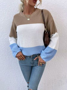 Color Block Round Neck Sweater (3 Colors) Shirts & Tops Krazy Heart Designs Boutique Khaki S 