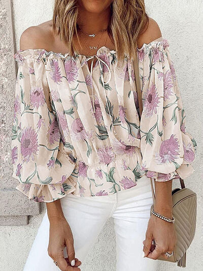 Floral Off-Shoulder Flounce Sleeve Blouse (4 Colors)  Krazy Heart Designs Boutique Sand S 