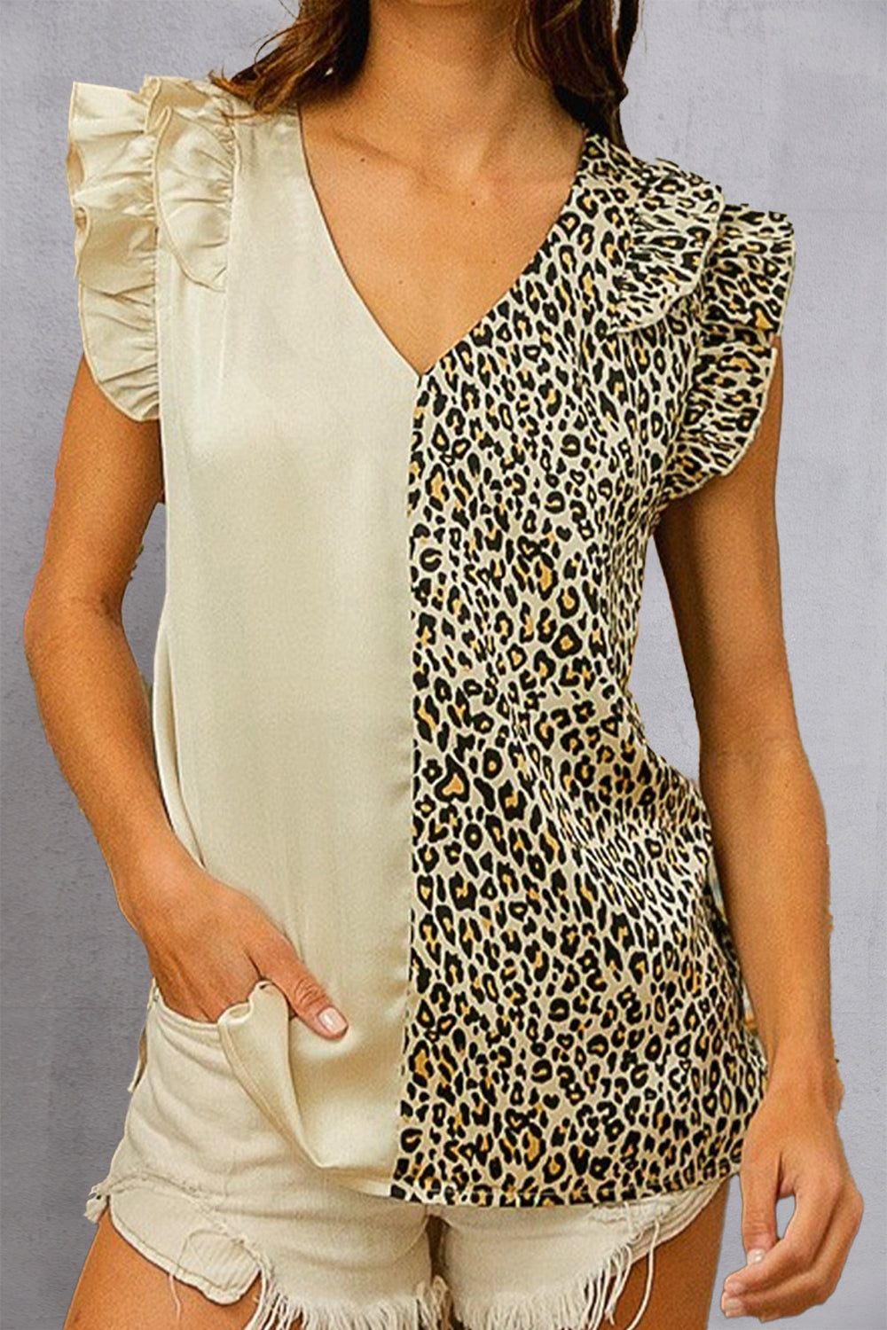 Ruffled Color Block Leopard Print V-Neck Cap Sleeve Blouse Shirts & Tops Krazy Heart Designs Boutique Leopard S 