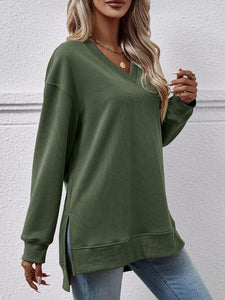 V-Neck Slit Long Sleeve Sweatshirt (9 Colors) Shirts & Tops Krazy Heart Designs Boutique   