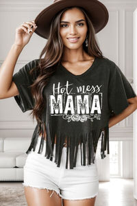 HOT MESS MAMA Fringe Round Neck T-Shirt Shirts & Tops Krazy Heart Designs Boutique Black S 