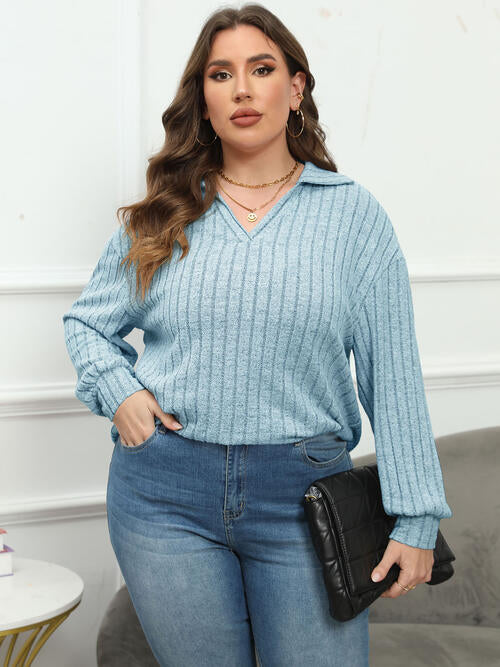 Plus Size Ribbed Collared Neck Long Sleeve Blouse (4 Colors) Shirts & Tops Krazy Heart Designs Boutique   