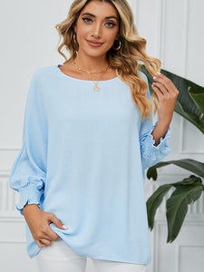 Smocked Lantern Sleeve Round Neck Blouse (5 Colors) Shirts & Tops Krazy Heart Designs Boutique Misty  Blue S 