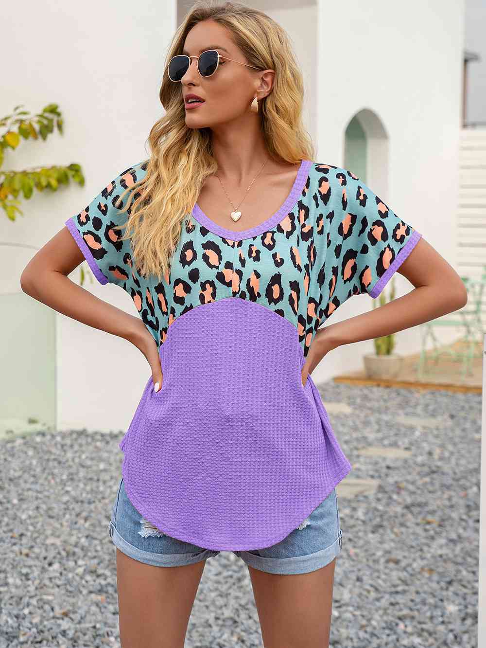 Leopard Waffle-Knit Short Sleeve Top (4 Colors) Shirts & Tops Krazy Heart Designs Boutique   