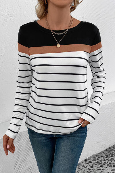 Striped Round Neck Long Sleeve Top (4 Colors) Shirts & Tops Krazy Heart Designs Boutique   