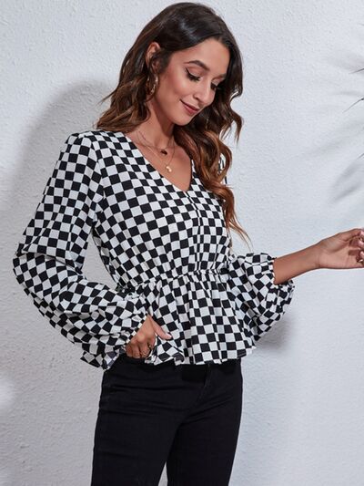 Checkered V-Neck Balloon Sleeve Peplum Blouse Shirts & Tops Krazy Heart Designs Boutique   