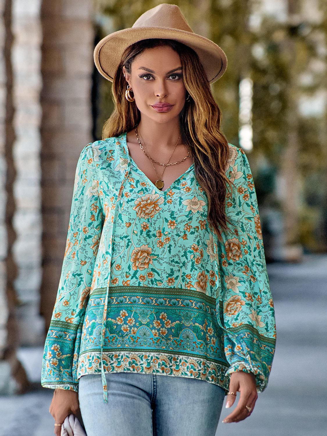 Boho Style Printed Tie Neck Long Sleeve Blouse (3 Colors)  Krazy Heart Designs Boutique   