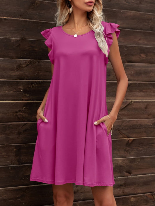 Round Neck Flutter Sleeve Dress with Pockets (6 Colors)  Krazy Heart Designs Boutique Deep Rose S 