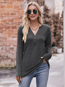 Double Take Buttoned Notched Neck Long Sleeve Top (6 Colors)  Krazy Heart Designs Boutique Charcoal S 