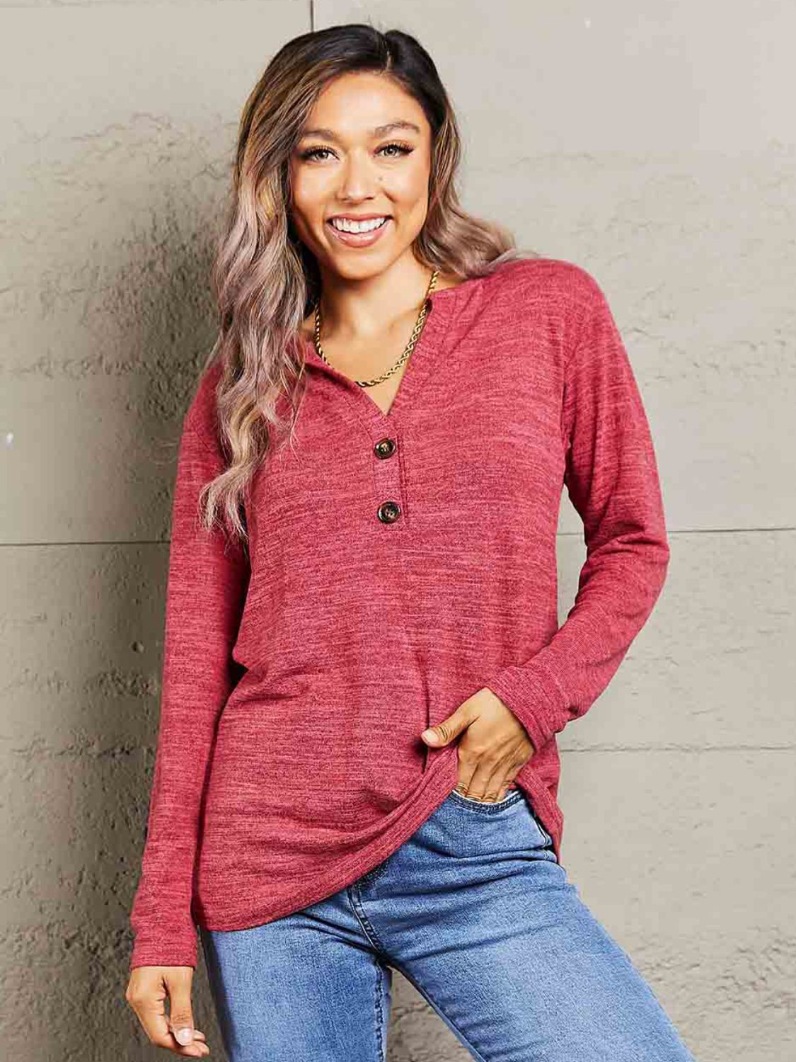 Double Take Buttoned Notched Neck Long Sleeve Top (6 Colors)  Krazy Heart Designs Boutique Brick Red S 