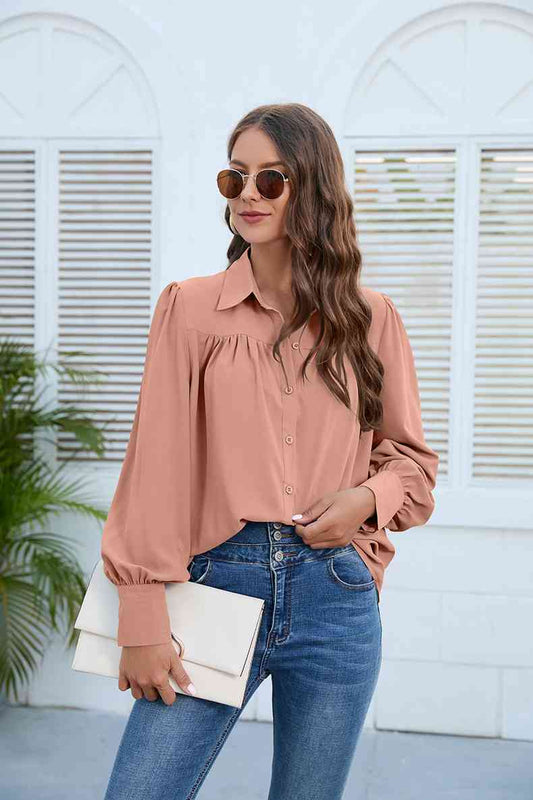 Puff Sleeve Collared Neck Shirt (3 Colors)  Krazy Heart Designs Boutique Peach S 