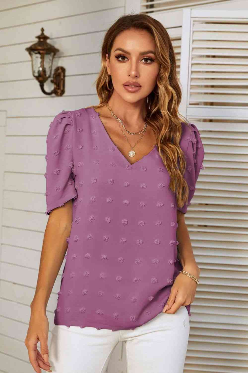 Swiss Dot V-Neck Puff Sleeve Blouse (6 Colors)  Krazy Heart Designs Boutique Purple S 
