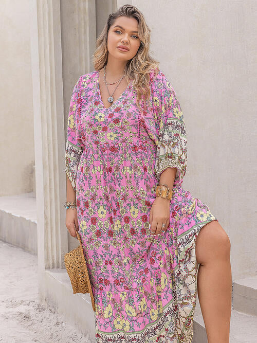 Plus Size Floral V-Neck Balloon Sleeve Midi Dress (5 Colors)  Krazy Heart Designs Boutique Carnation Pink 0XL 