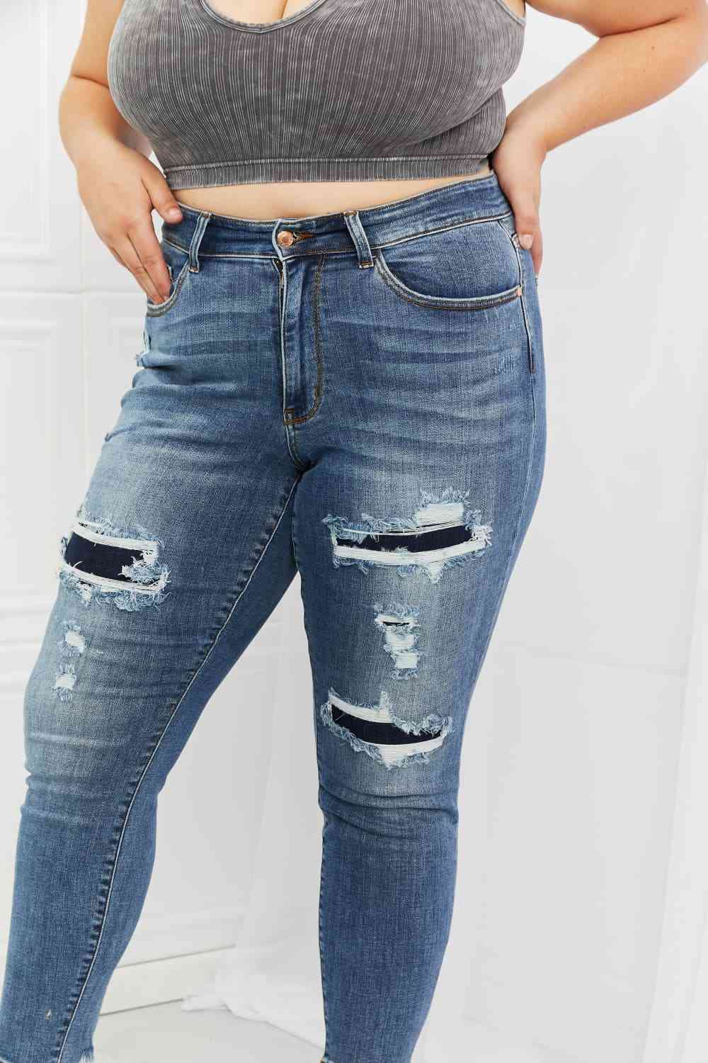 Judy Blue Dahlia Full Size Distressed Patch Jeans  Krazy Heart Designs Boutique   