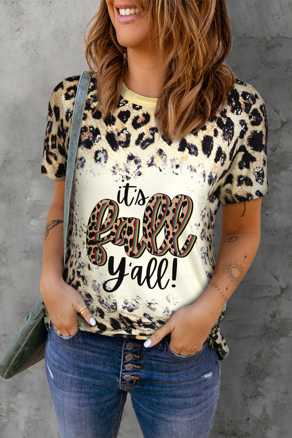 Round Neck Short Sleeve Printed IT'S FALL Y'ALL Graphic Tee  Krazy Heart Designs Boutique Leopard S 