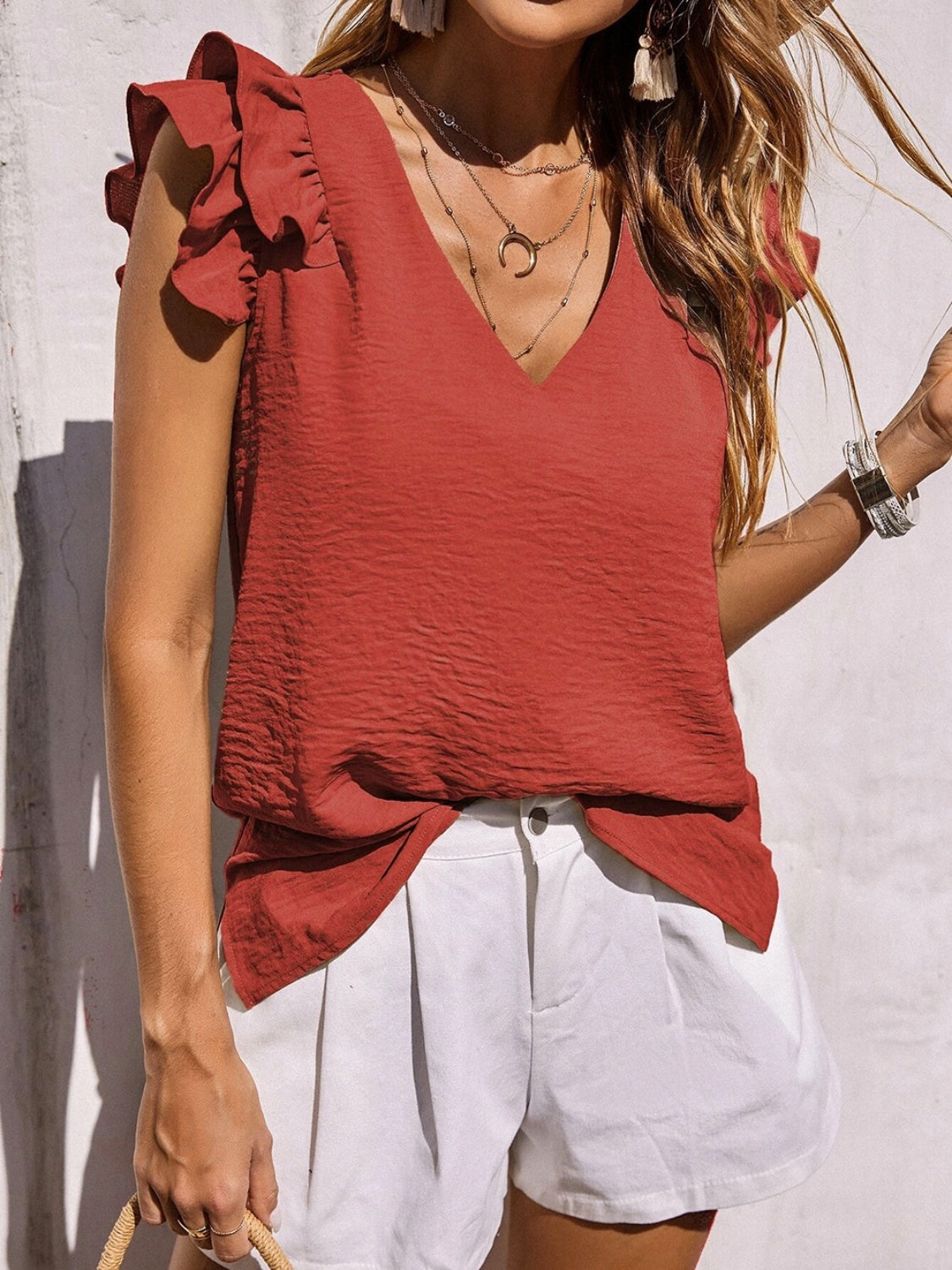 Ruffled V-Neck Cap Sleeve Blouse (3 Colors) Shirts & Tops Krazy Heart Designs Boutique   