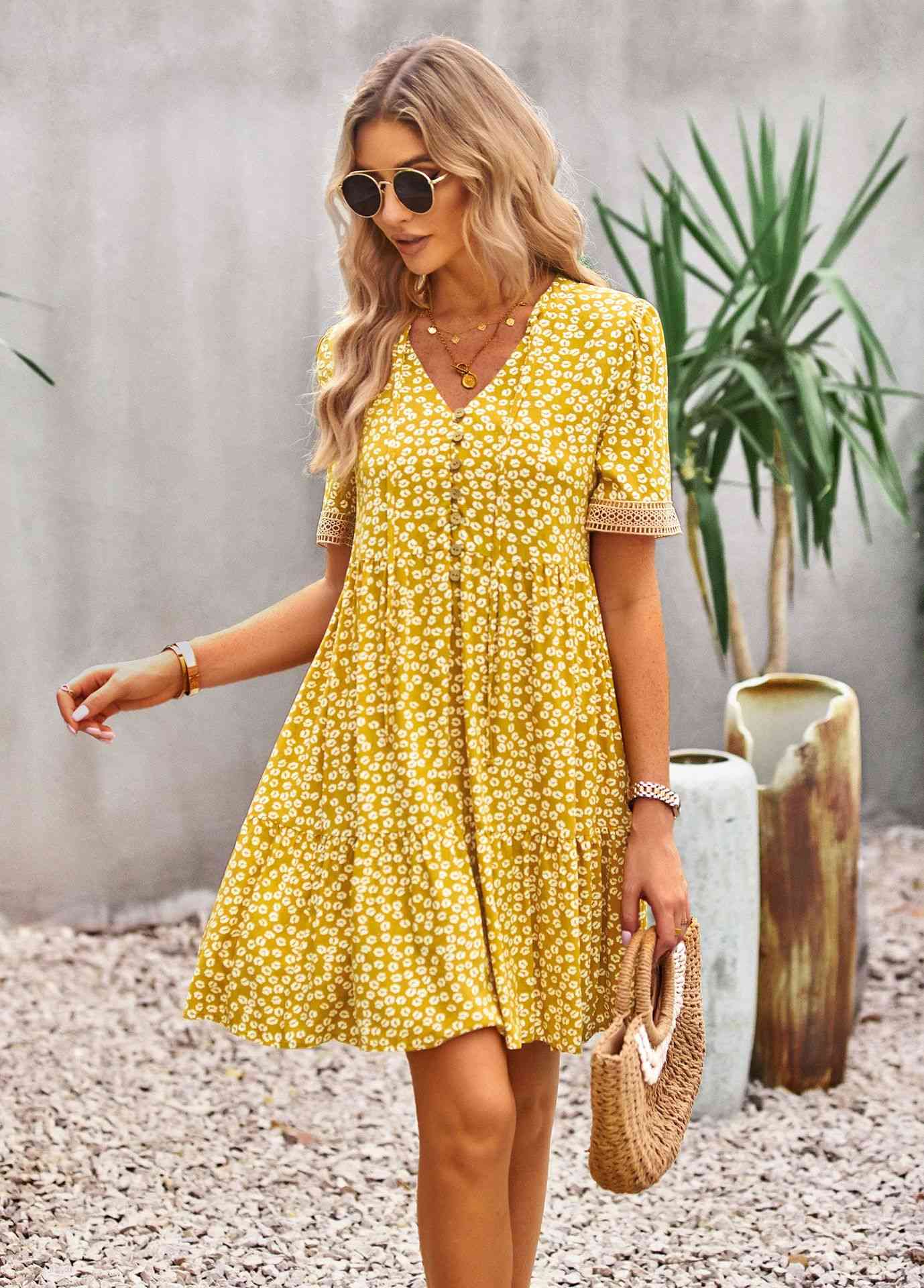 Floral Buttoned Puff Sleeve Dress (2 Colors)  Krazy Heart Designs Boutique   