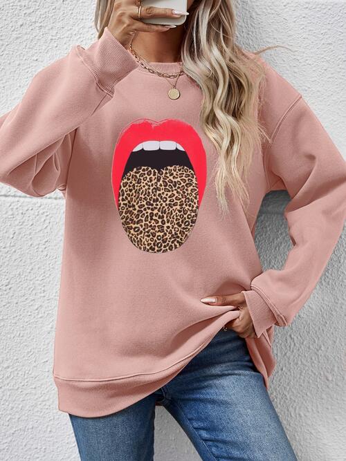 Leopard Lip Graphic Round Neck Sweatshirt (9 Colors) Shirts & Tops Krazy Heart Designs Boutique Blush Pink S 