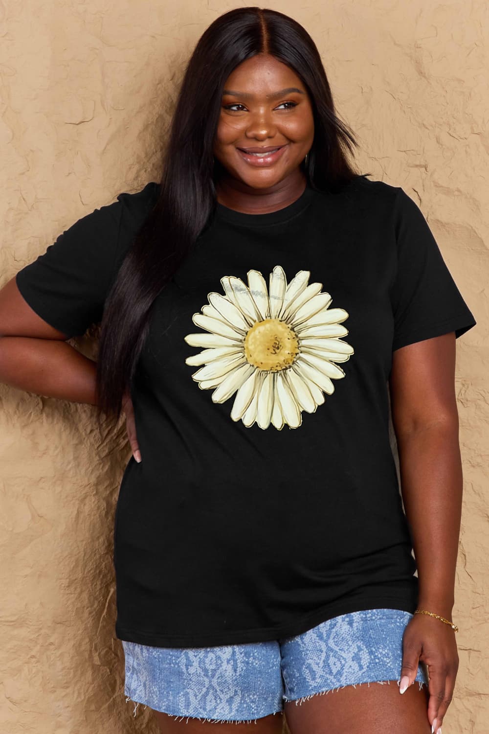 Simply Love Full Size FLOWER Graphic Cotton Tee  Krazy Heart Designs Boutique Black S 