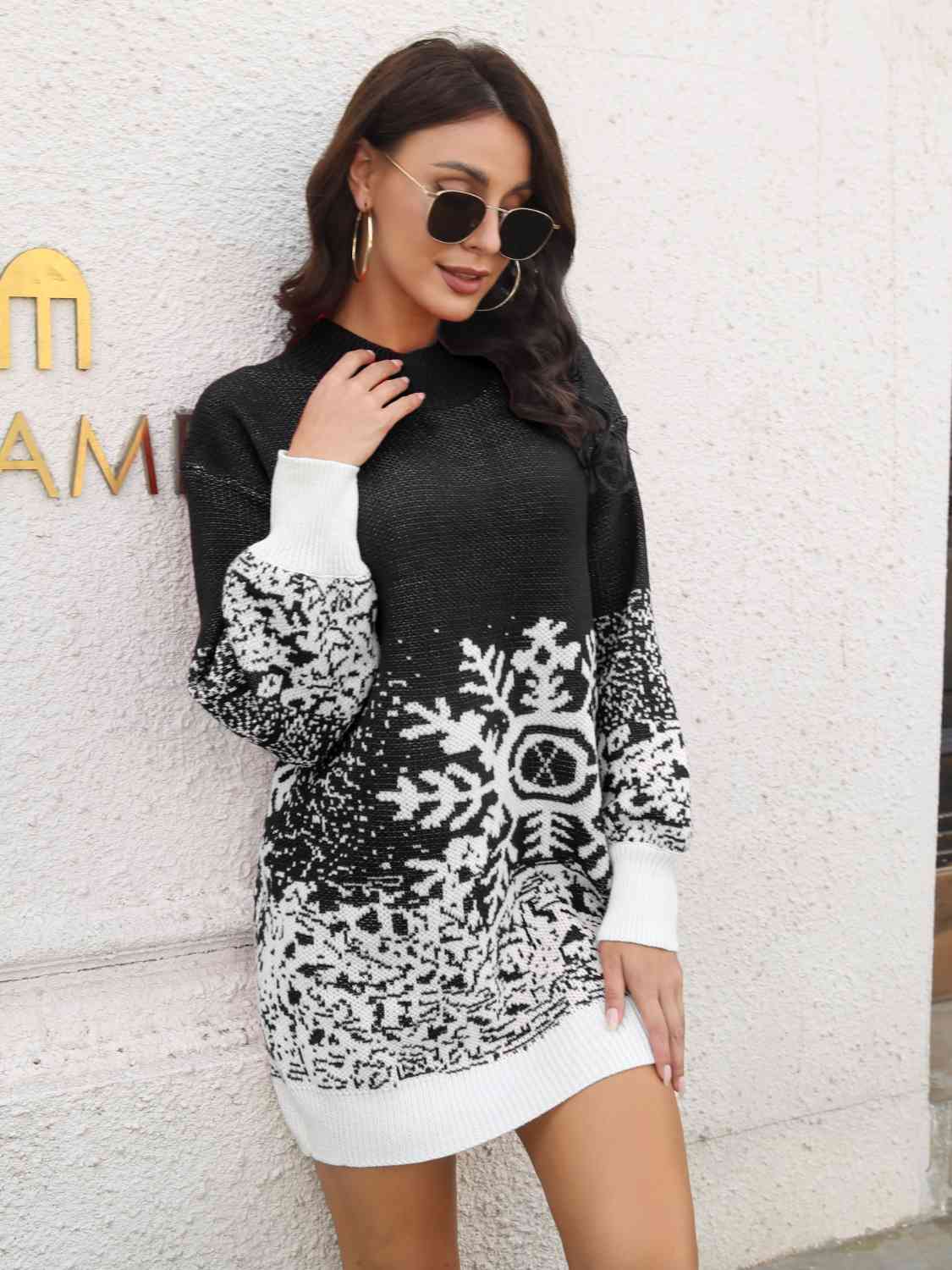 Snowflake Pattern Long Length Sweater (2 Colors) Shirts & Tops Krazy Heart Designs Boutique Black S 