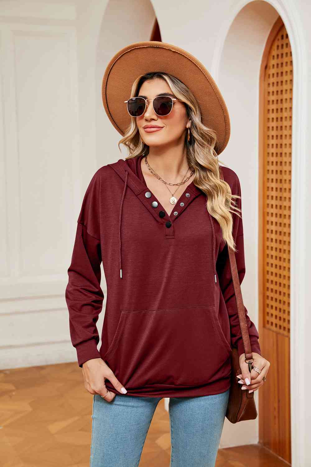 Quarter-Snap Drawstring Pocketed Hoodie (8 Colors) Shirts & Tops Krazy Heart Designs Boutique Wine S 