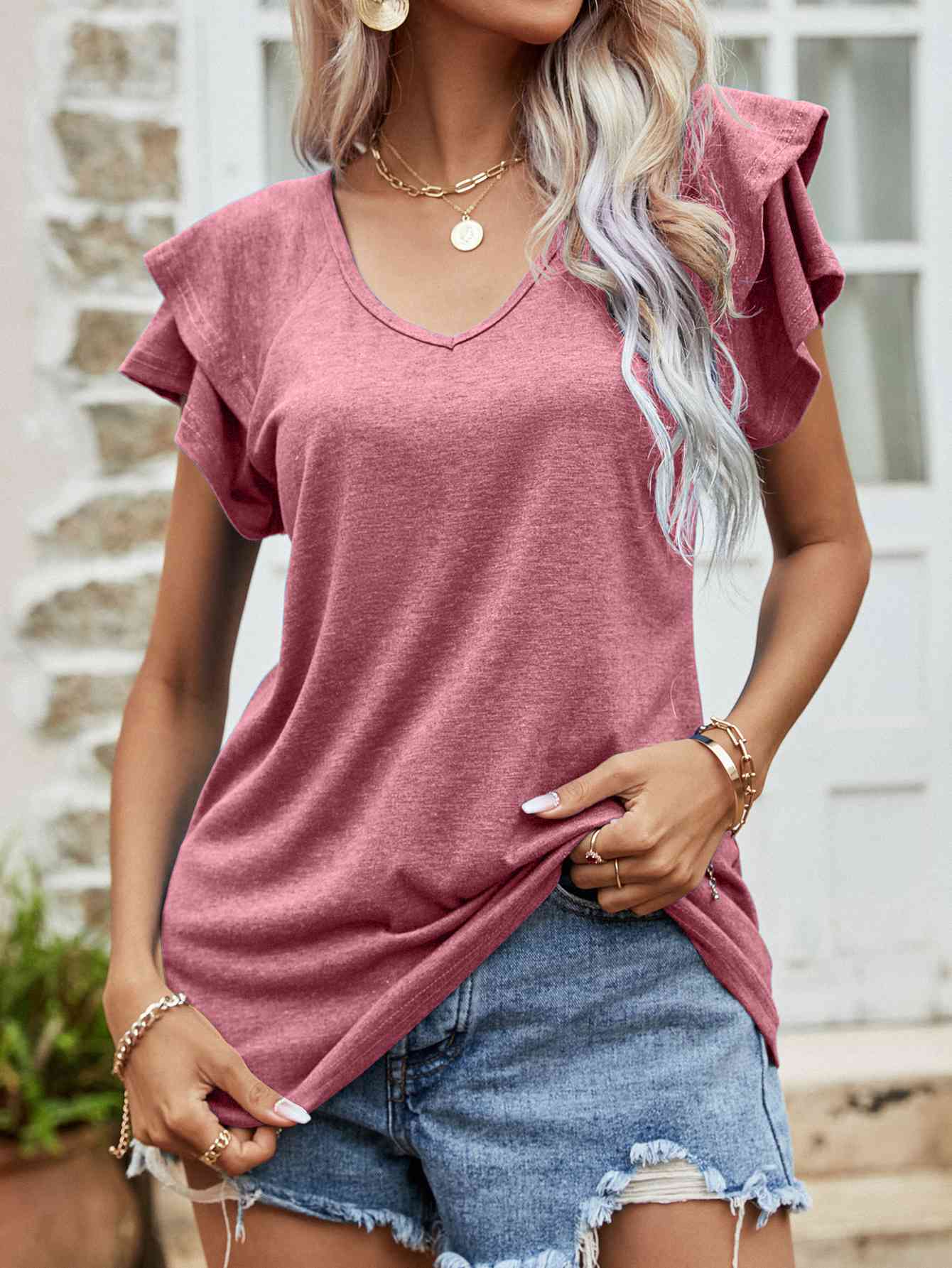 Layered Flutter Sleeve V-Neck Top (4 Colors) Shirts & Tops Krazy Heart Designs Boutique Rose S 