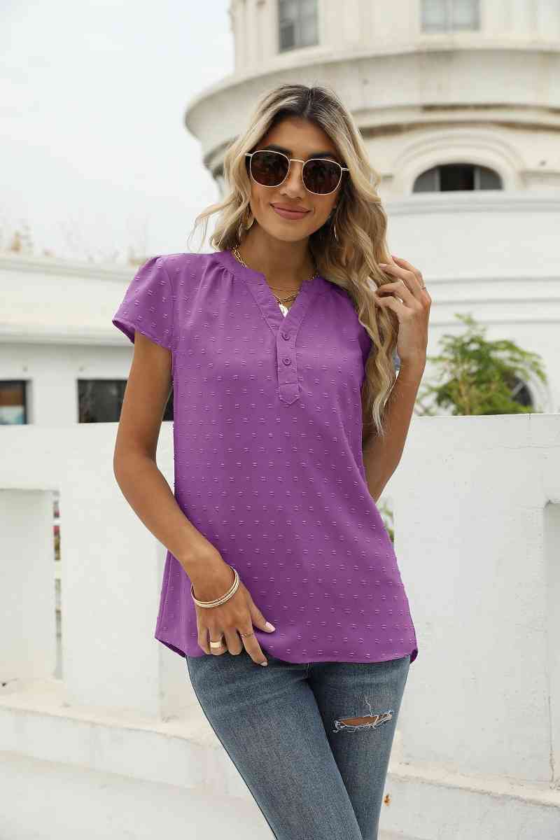 Swiss Dot Notched Neck Short Sleeve Top (9 Colors)  Krazy Heart Designs Boutique Purple S 