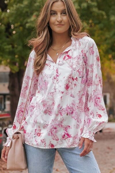 Floral Tie Neck Flounce Sleeve Blouse sh Krazy Heart Designs Boutique Multicolor S 