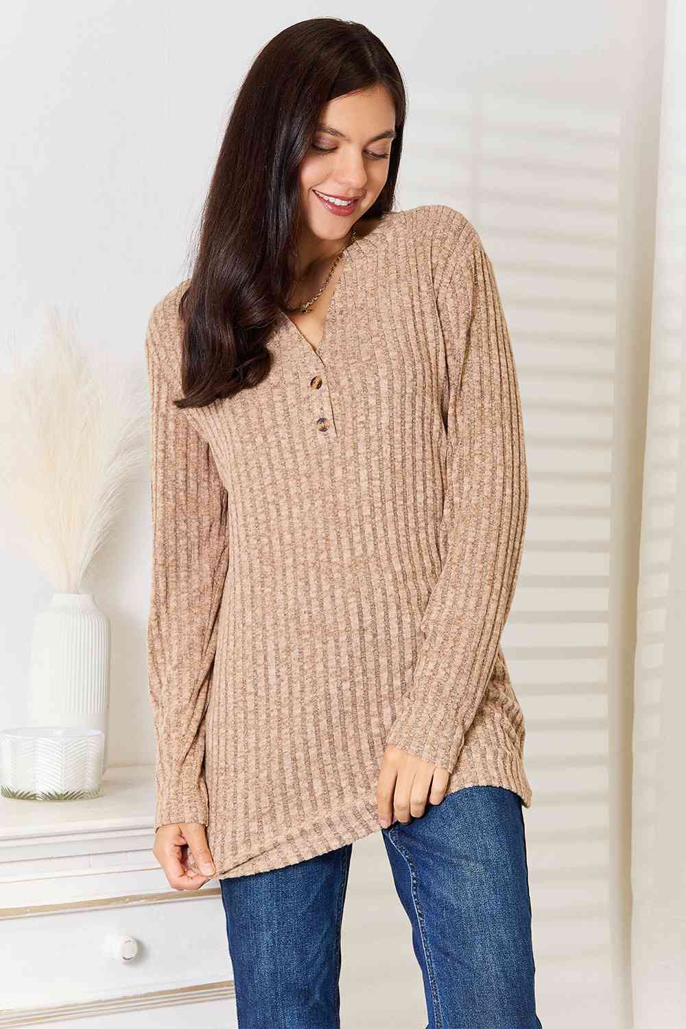 Double Take Notched Neck Ribbed Long Sleeve Top Shirts & Tops Krazy Heart Designs Boutique Khaki S 