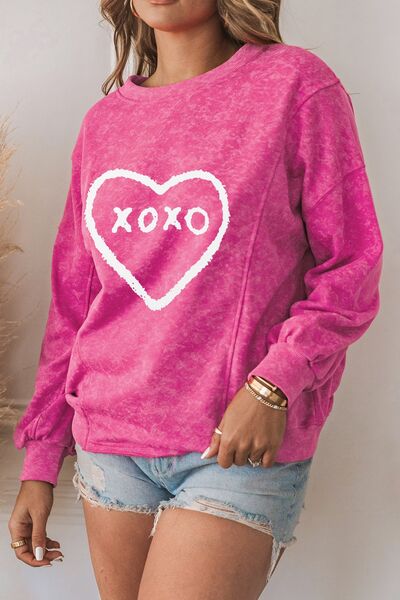 XOXO Heart Graphic Round Neck Long Sleeve Sweatshirt  Krazy Heart Designs Boutique Fuchsia Pink S 