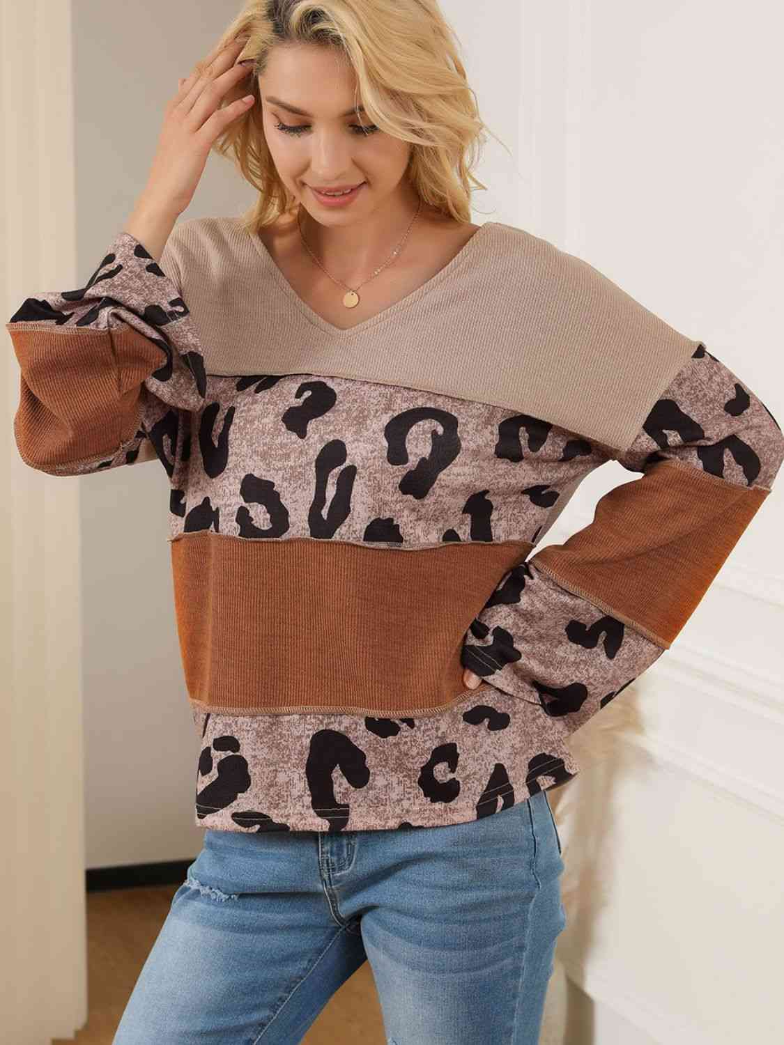 Color Block Leopard V-Neck Blouse (2 Colors)  Krazy Heart Designs Boutique   