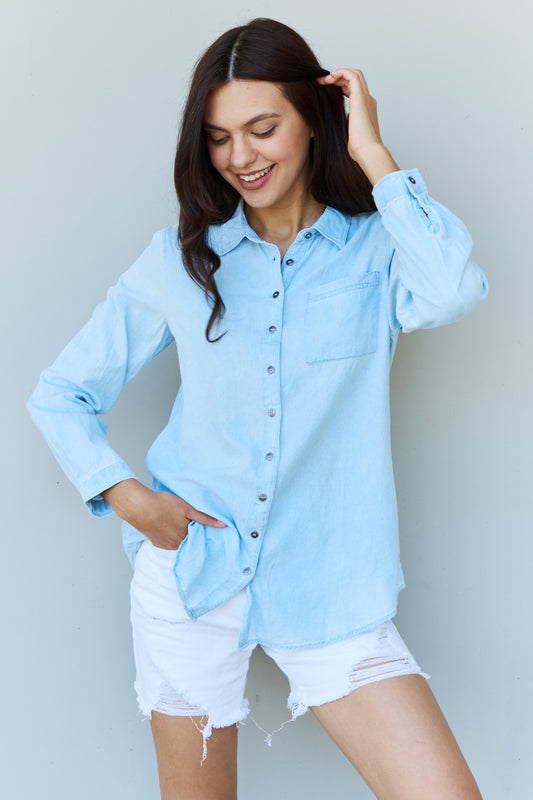 Doublju Blue Jean Baby Denim Button Down Shirt Top in Light Blue  Krazy Heart Designs Boutique Light Blue S 