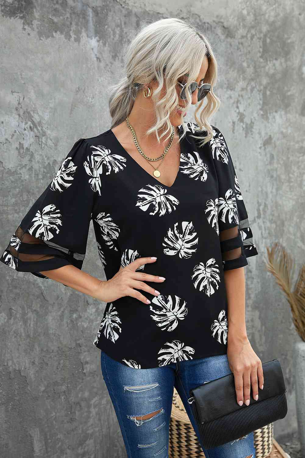 Botanical Print V-Neck Puff Sleeve Blouse Shirts & Tops Krazy Heart Designs Boutique   