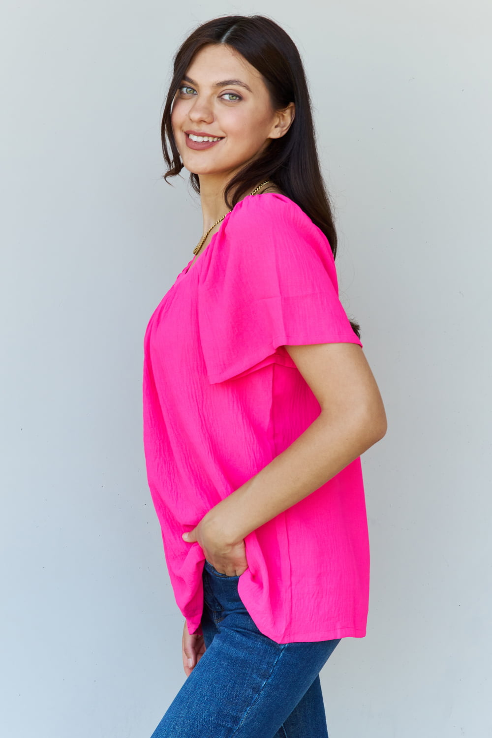 Ninexis Keep Me Close Square Neck Short Sleeve Blouse in Fuchsia  Krazy Heart Designs Boutique   