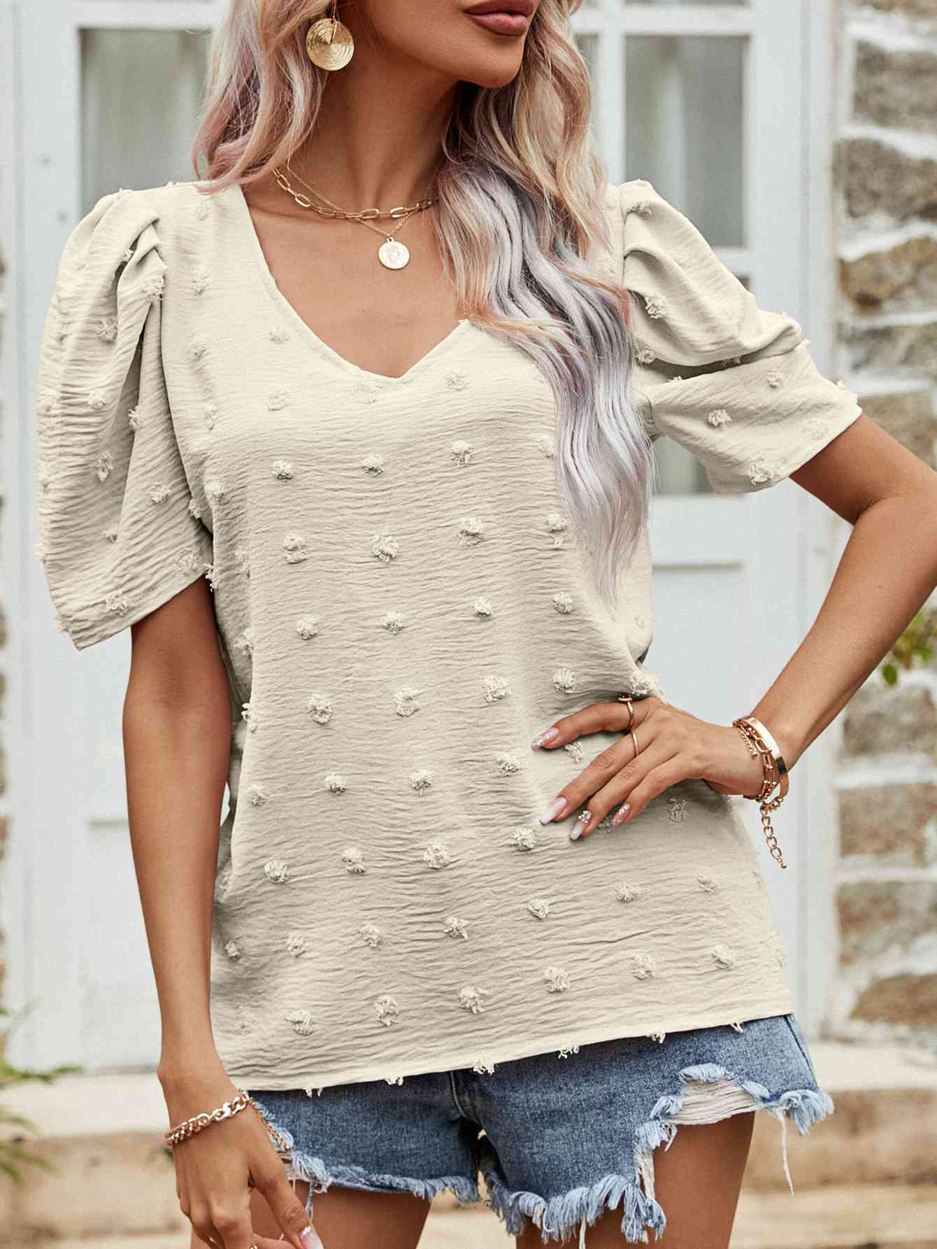 Swiss Dot Short Puff Sleeve Top  Krazy Heart Designs Boutique Beige S 