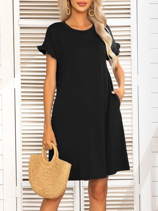 Round Neck Flounce Sleeve Dress with Pockets (6 Colors)  Krazy Heart Designs Boutique Black S 