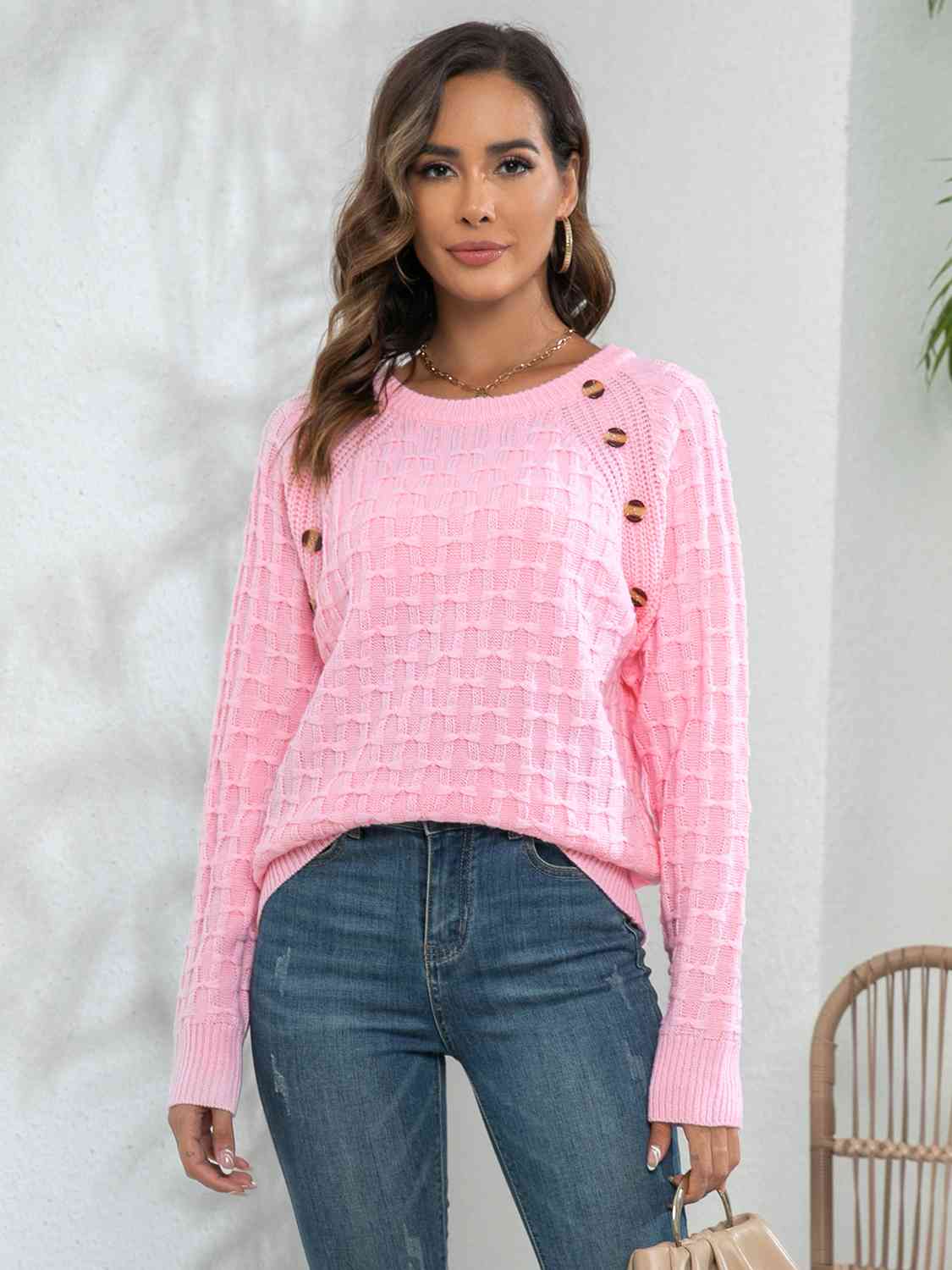 Decorative Button Long Sleeve Sweater (2 Colors)  Krazy Heart Designs Boutique Carnation Pink S 