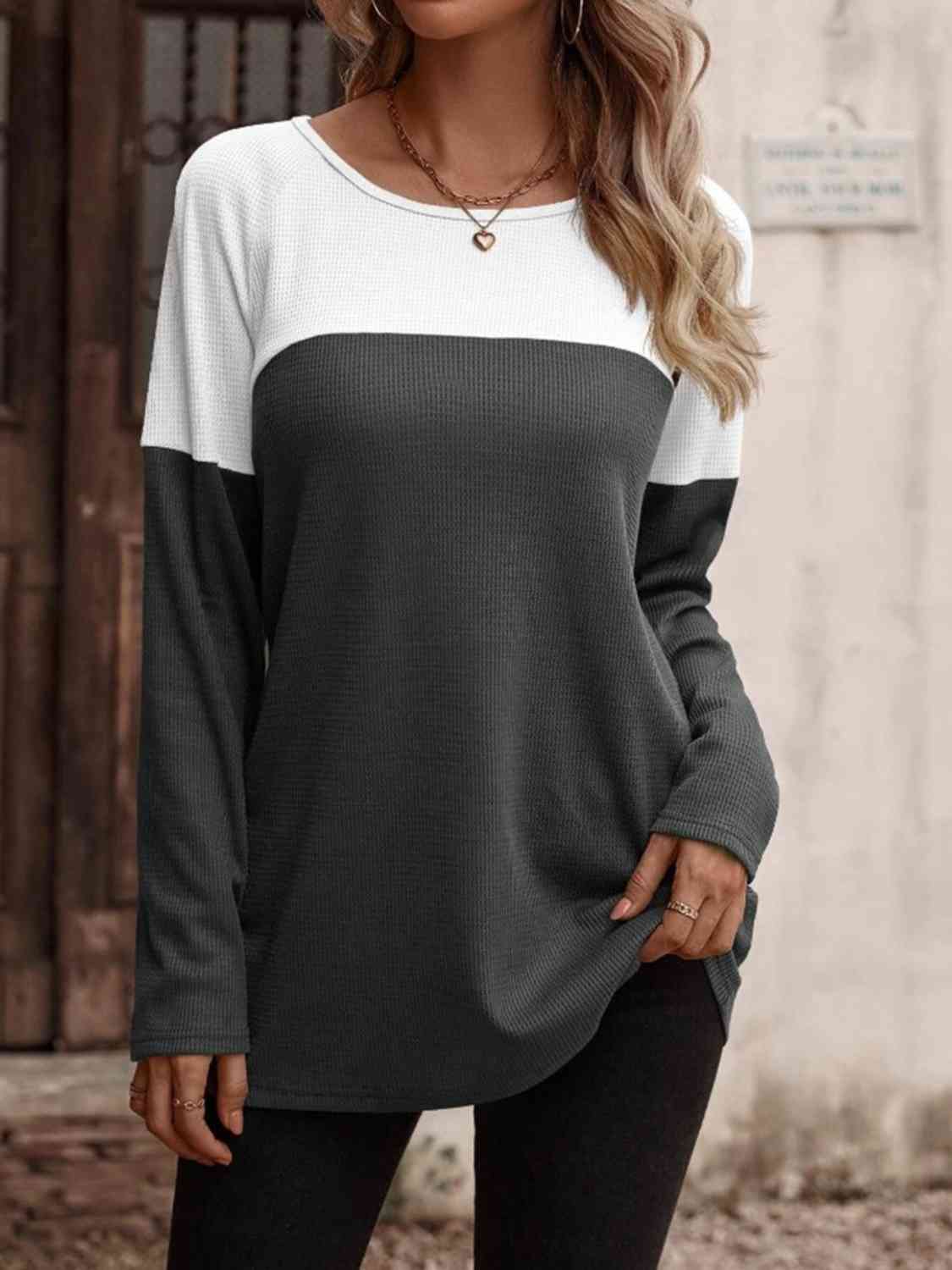 Contrast Round Neck Long Sleeve T-Shirt  Krazy Heart Designs Boutique Heather Gray S 