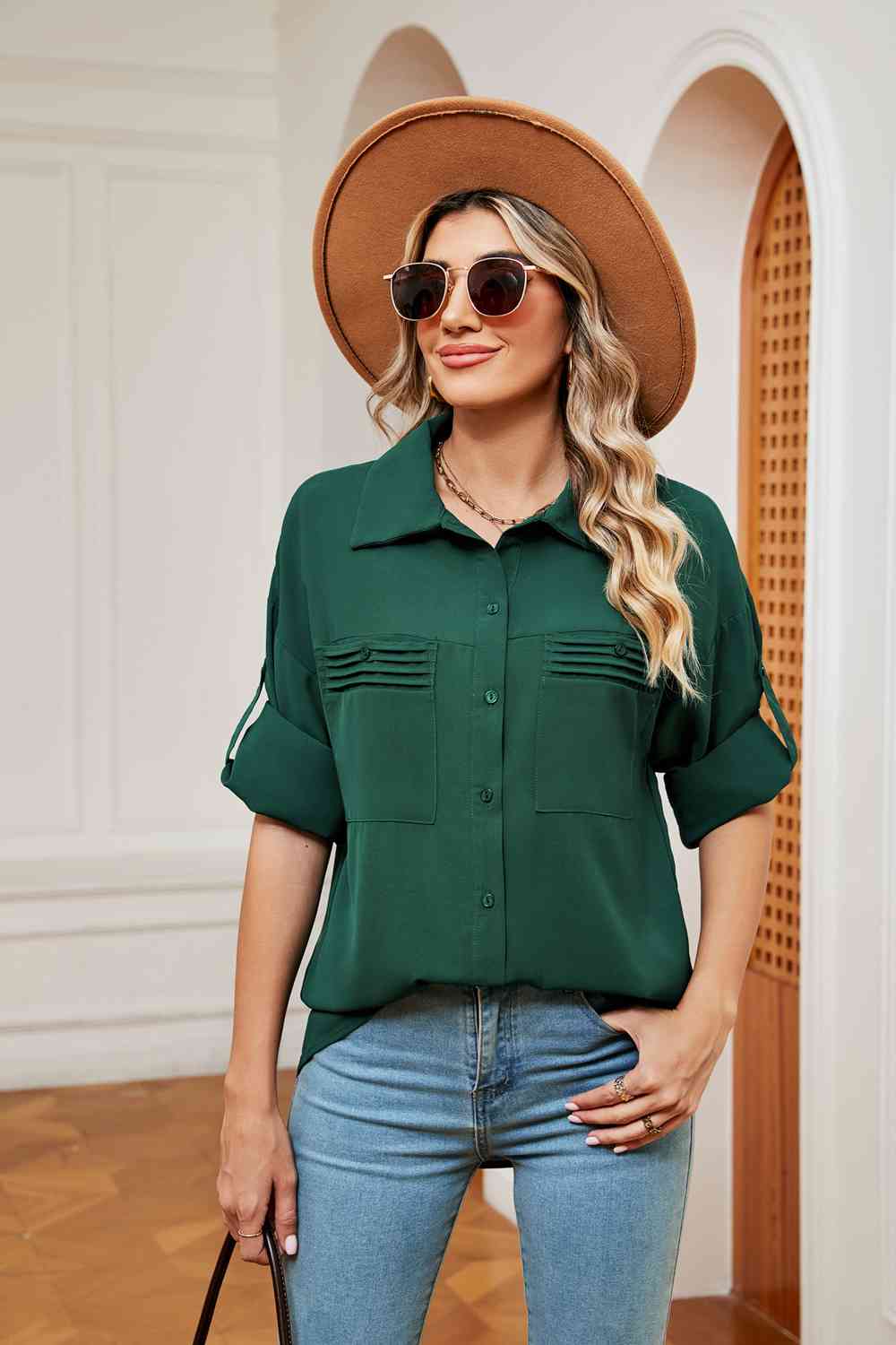 Dropped Shoulder Collared Shirt  Krazy Heart Designs Boutique Green S 